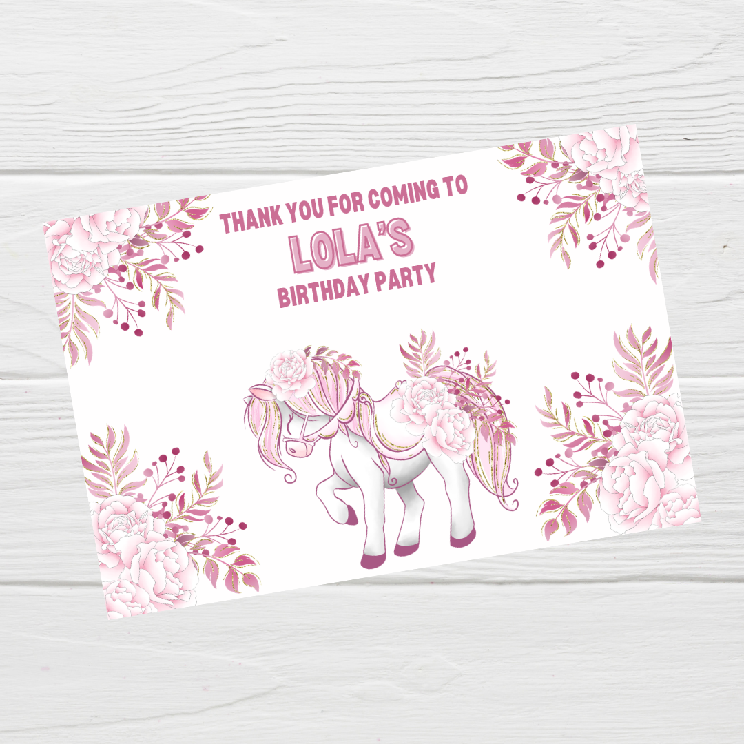 Rectangle Stickers | Floral Pink Horse Pony Carousel Party Stickers | Party Bag Stickers