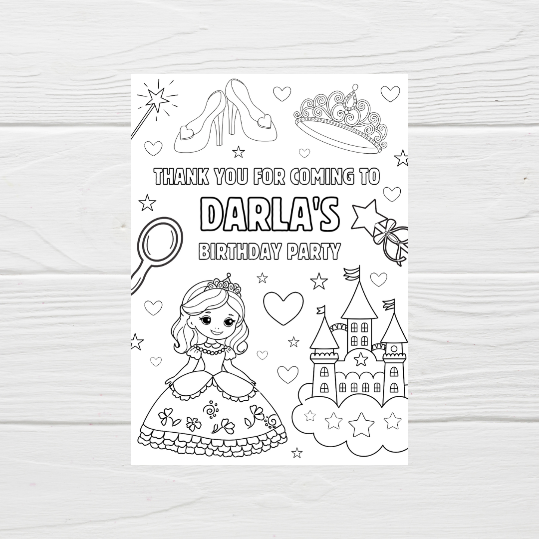 A6 Colouring Sheets | Personalised Princess Colouring Sheets | Party Bag Favours - Dinky Designs