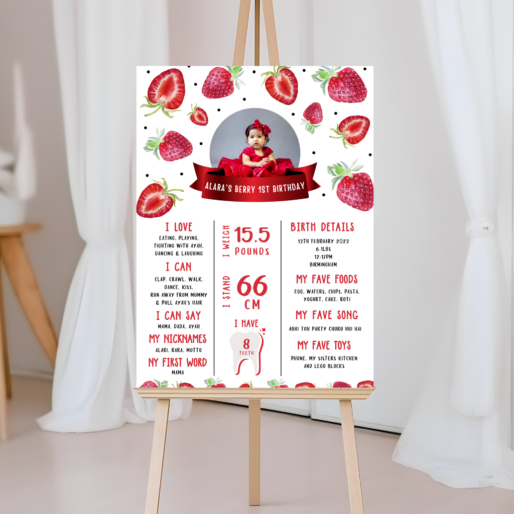 Personalised Strawberry Welcome Board Sign | Strawberry First Birthday Board | Birthday Party Sign | Strawberry Party Theme | A4, A3, A2
