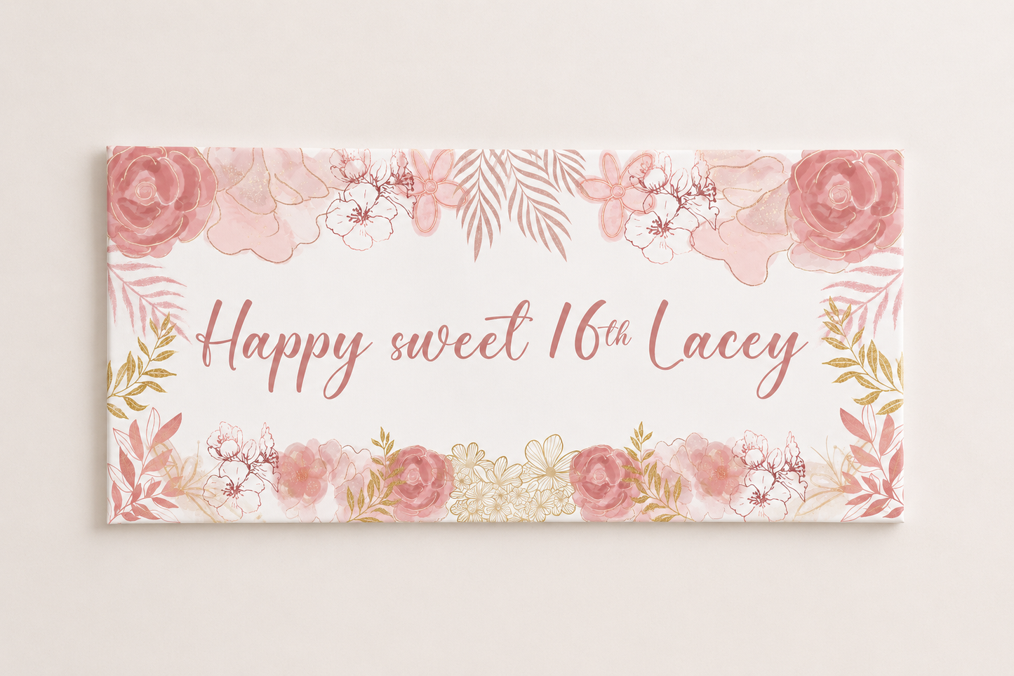 Blush Pink Gold Floral Banner | Personalised Blush Pink Gold Floral Birthday, Baby Shower, Christening Party Banner | Blush Pink Gold Floral Party Theme - Dinky Designs