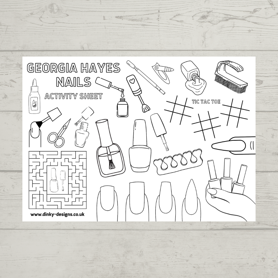A4 Colouring Activity Sheets | Personalised Nails Design Activity Sheets | Nail Tech Placemats - Dinky Designs