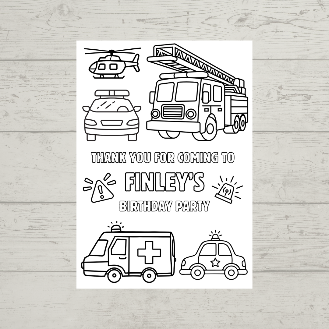 A6 Colouring Sheets | Personalised Emergency Vehicle Colouring Sheets | Party Bag Favours - Dinky Designs