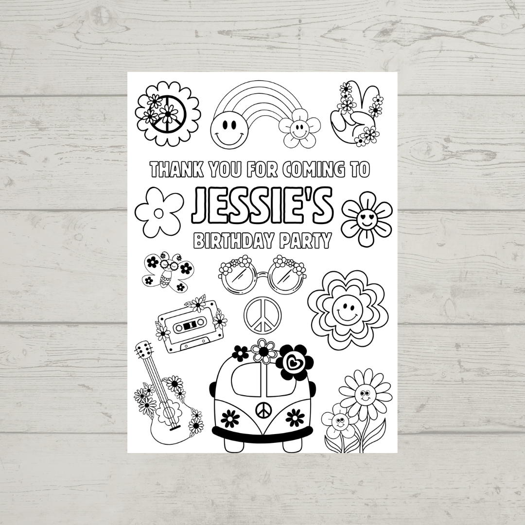 A6 Colouring Sheets | Personalised Flower Power Colouring Sheets | Party Bag Favours