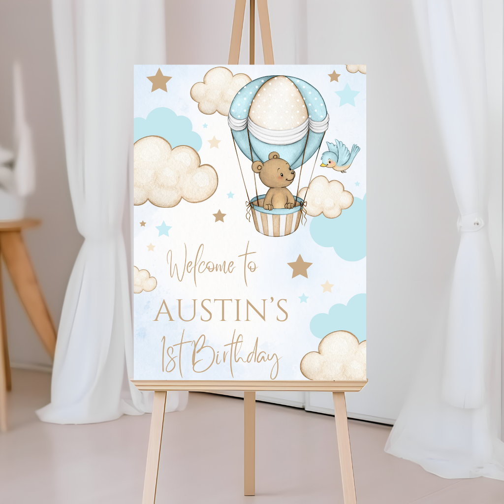 Pink OR Blue Bear Hot Air Balloon Welcome Board Sign | Personalised Baby Shower, Birthday, Christening Party Board | Party Sign | A4, A3, A2, A1
