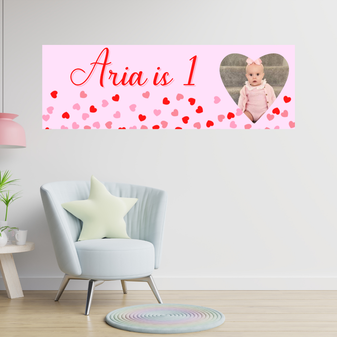 Valentine Heart Photo Banner | Personalised Pink Red Heart Theme Birthday Party Banner | Valentine Birthday Party Theme