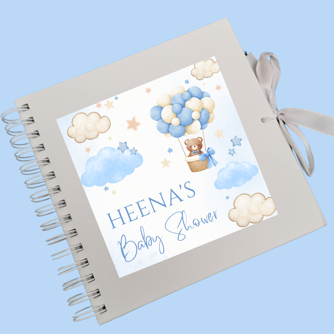 STICKER ONLY - Personalised Blue Teddy Bear Hot Air Balloon Scrapbook Sticker | Baby Shower, Birthday Scrapbook Label | Personalised Memories Gift