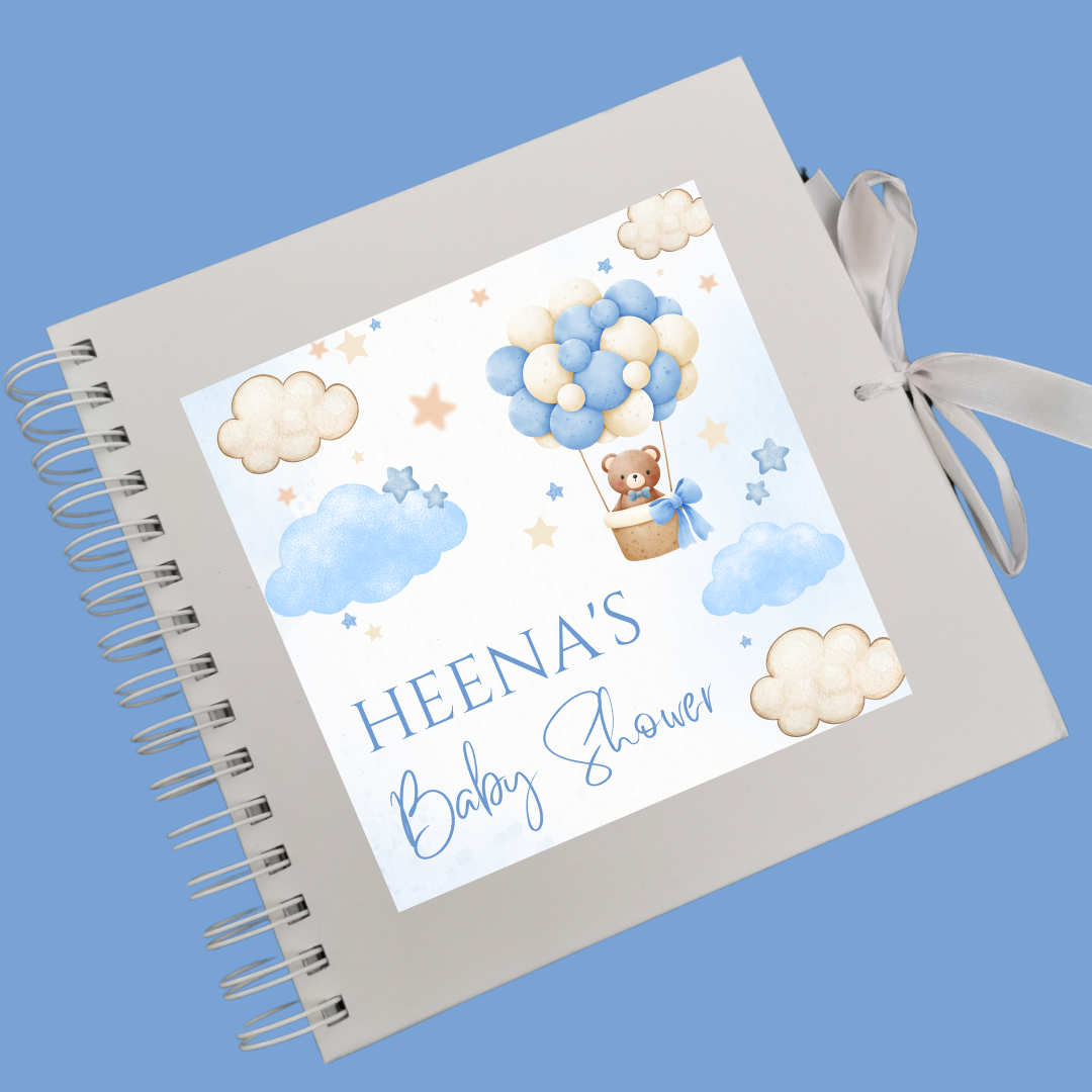 STICKER ONLY - Personalised Blue Teddy Bear Hot Air Balloon Scrapbook Sticker | Baby Shower, Birthday Scrapbook Label | Personalised Memories Gift