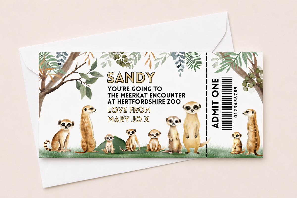 Surprise Ticket Print | Personalised Meerkat Ticket Pass Voucher Membership | Gift Idea - Dinky Designs