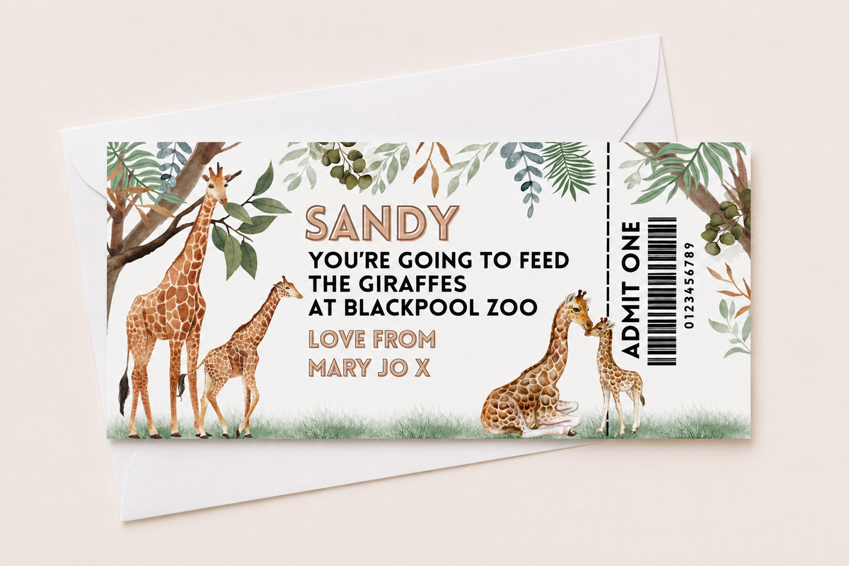 Surprise Ticket Print | Personalised Giraffe Ticket Pass Voucher Membership | Gift Idea - Dinky Designs