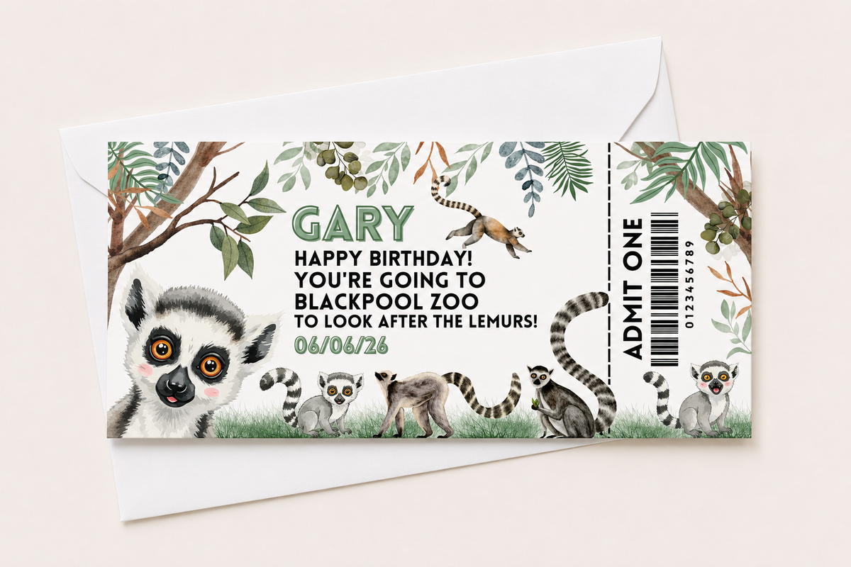 Surprise Ticket Print | Personalised Lemur Ticket Pass Voucher Membership | Gift Idea - Dinky Designs