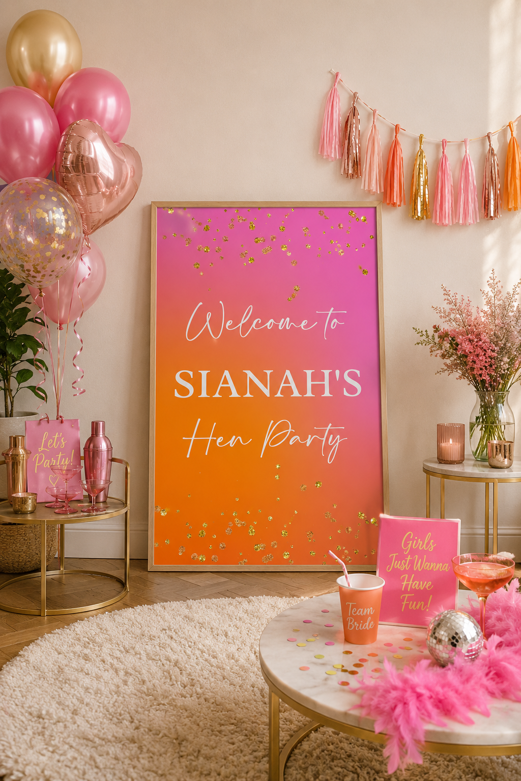 Pink, Orange & Gold Welcome Board Print Sign | Personalised Birthday, Hen Party Board | Party Sign | A4, A3, A2, A1 - Dinky Designs