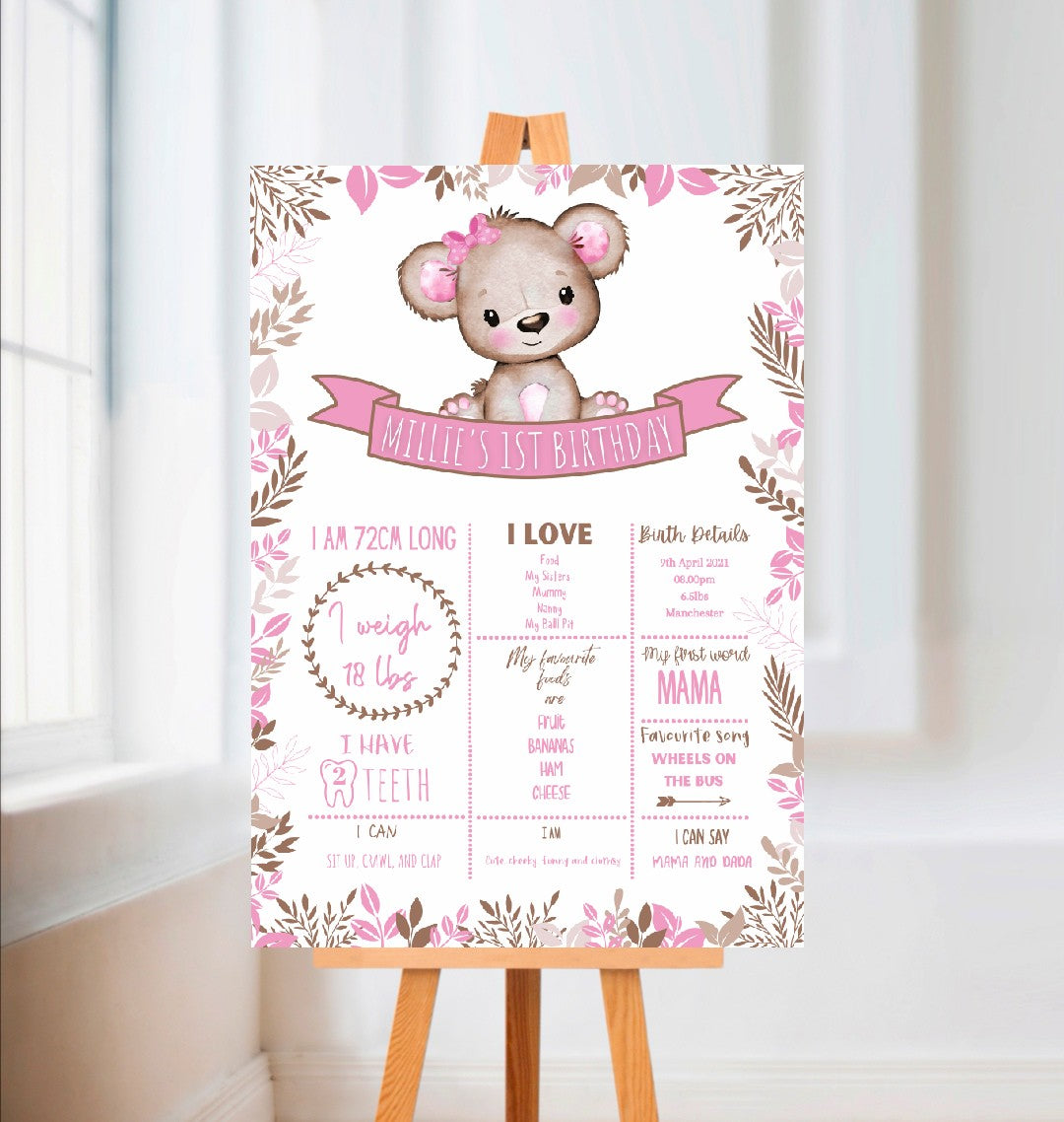 Personalised Pink or White Teddy Bear Welcome Board Sign | Teddy Bear First Birthday Board | Birthday Party Sign | Teddy Bear Party Theme | A4, A3, A2