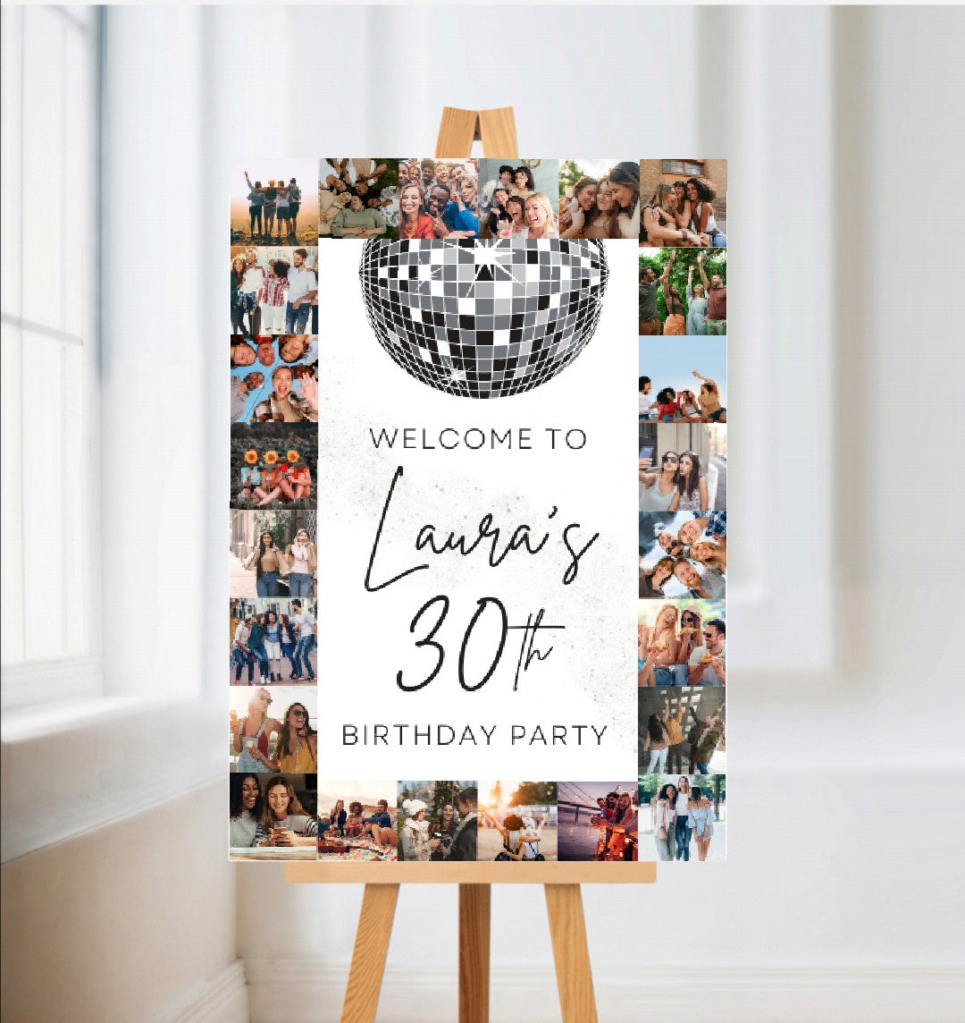 Silver Disco Image Photo Collage Welcome Board Sign | Personalised Birthday Board | Birthday Party Sign | A4, A3, A2