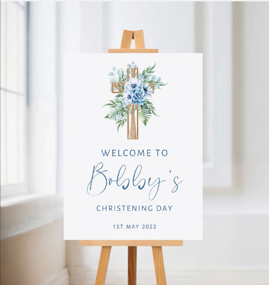 Christening, Baptism, Holy Communion Welcome Board Sign | Personalised Party Board | Blue Floral Party Sign | A4, A3, A2