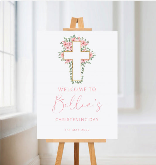 Christening, Baptism, Holy Communion Welcome Board Sign | Personalised Party Board | Pink Floral Greenery Party Sign | A4, A3, A2
