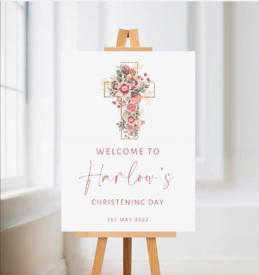 Christening, Baptism, Holy Communion Welcome Board Sign | Personalised Party Board | Blush Pink Floral Party Sign | A4, A3, A2