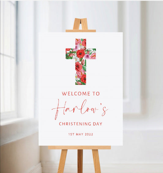 Christening, Baptism, Holy Communion Welcome Board Sign | Personalised Party Board | Red Floral Poppy Party Sign | A4, A3, A2