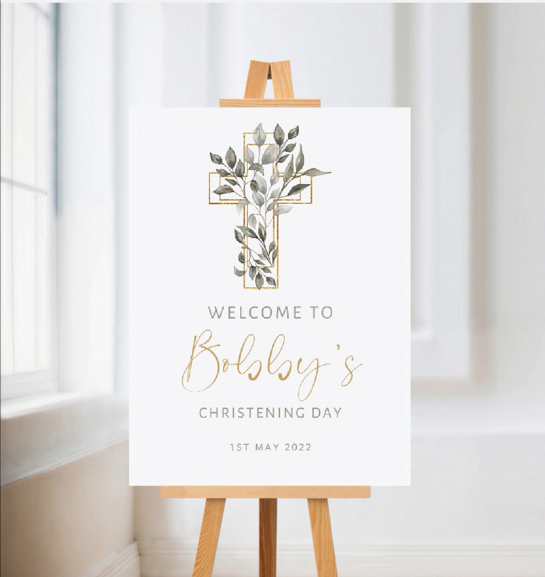 Christening, Baptism, Holy Communion Welcome Board Sign | Personalised Party Board | Green, Leafy, Greenery Party Sign | A4, A3, A2