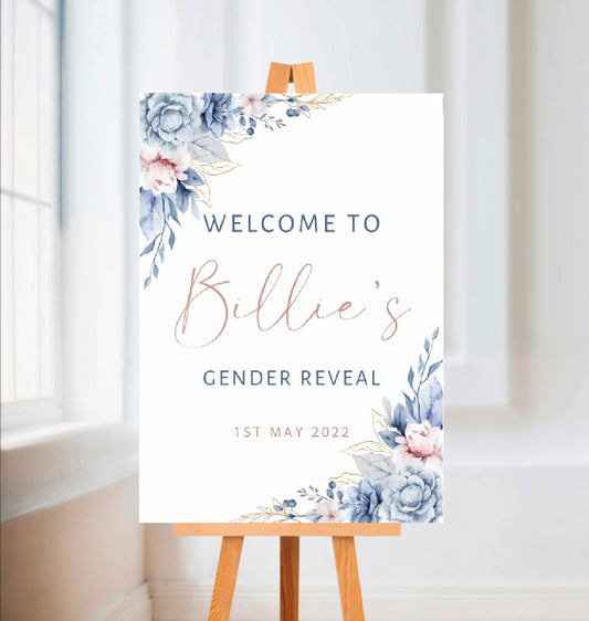 Personalised Floral Pink Blue Welcome Board Sign | Baby Shower Board | Christening Board | Party Event Sign | A4, A3, A2