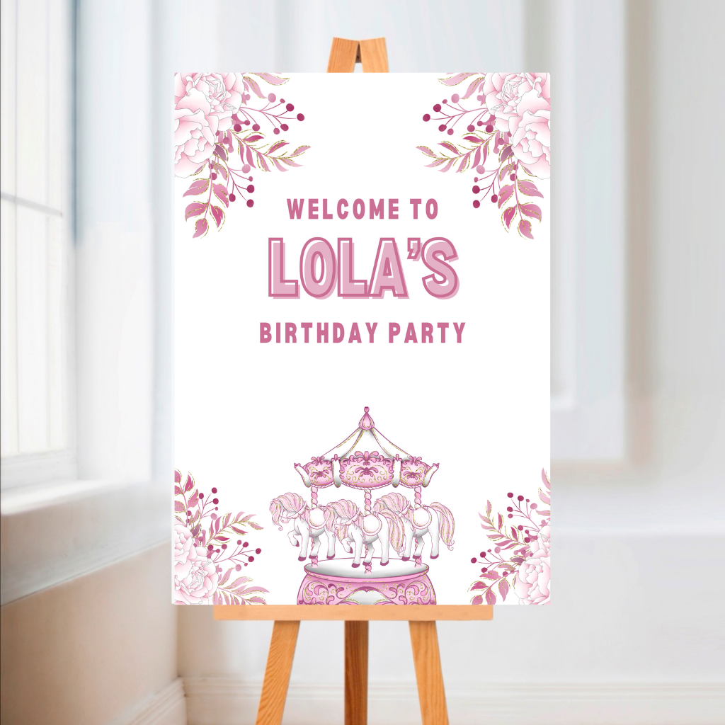 Carousel Horse Welcome Board Sign | Personalised Birthday Board | Birthday Party Sign | A4, A3, A2