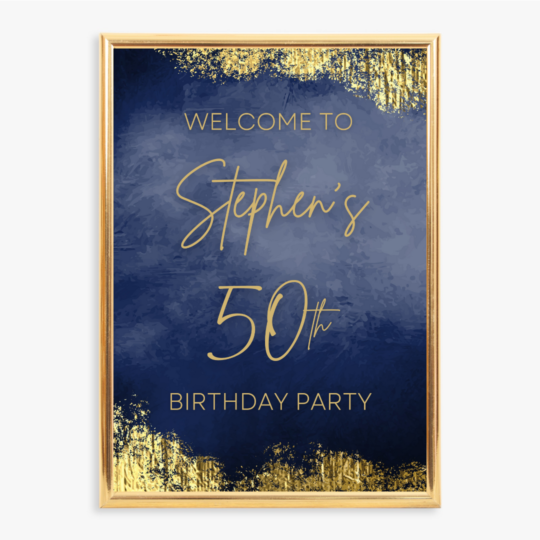 Navy Blue & Gold Welcome Board Sign | Personalised Birthday Board | Birthday Party Sign | A4, A3, A2