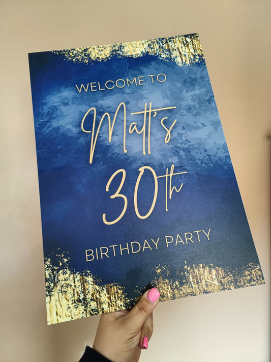 Matt's 30th Birthday | A3 Navy Blue & Gold Welcome Board Sign | Personalised Birthday Board | SALE ITEM