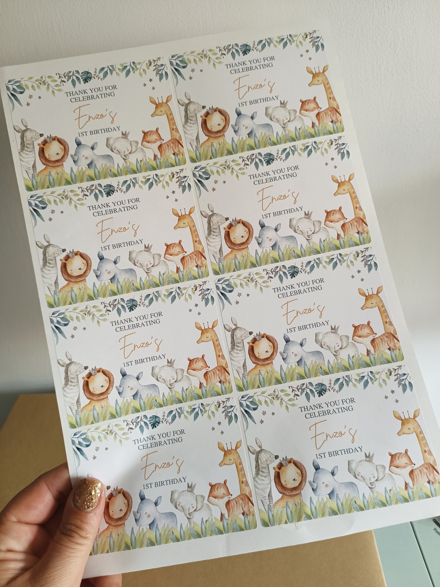 SALE | 8 x Safari Animal Party Stickers | Thank You For Celebrating Enzo's 1st Birthday Party