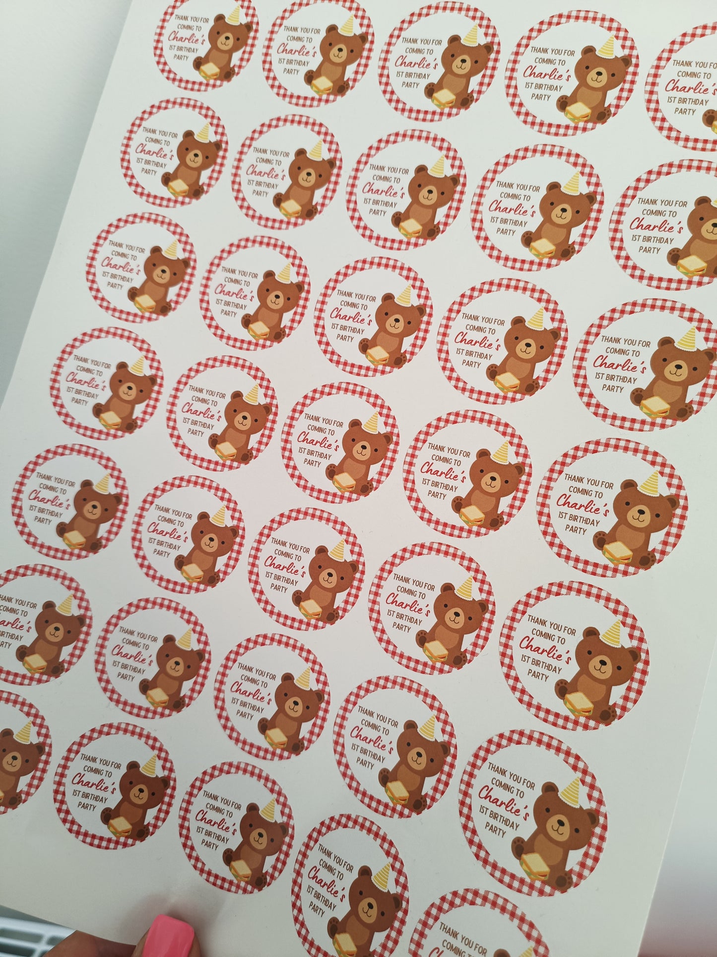 SALE ITEM | 35 x Teddy Bear Picnic Birthday Party Stickers | Thank You For Coming To Charlie's 1st Birthday Party