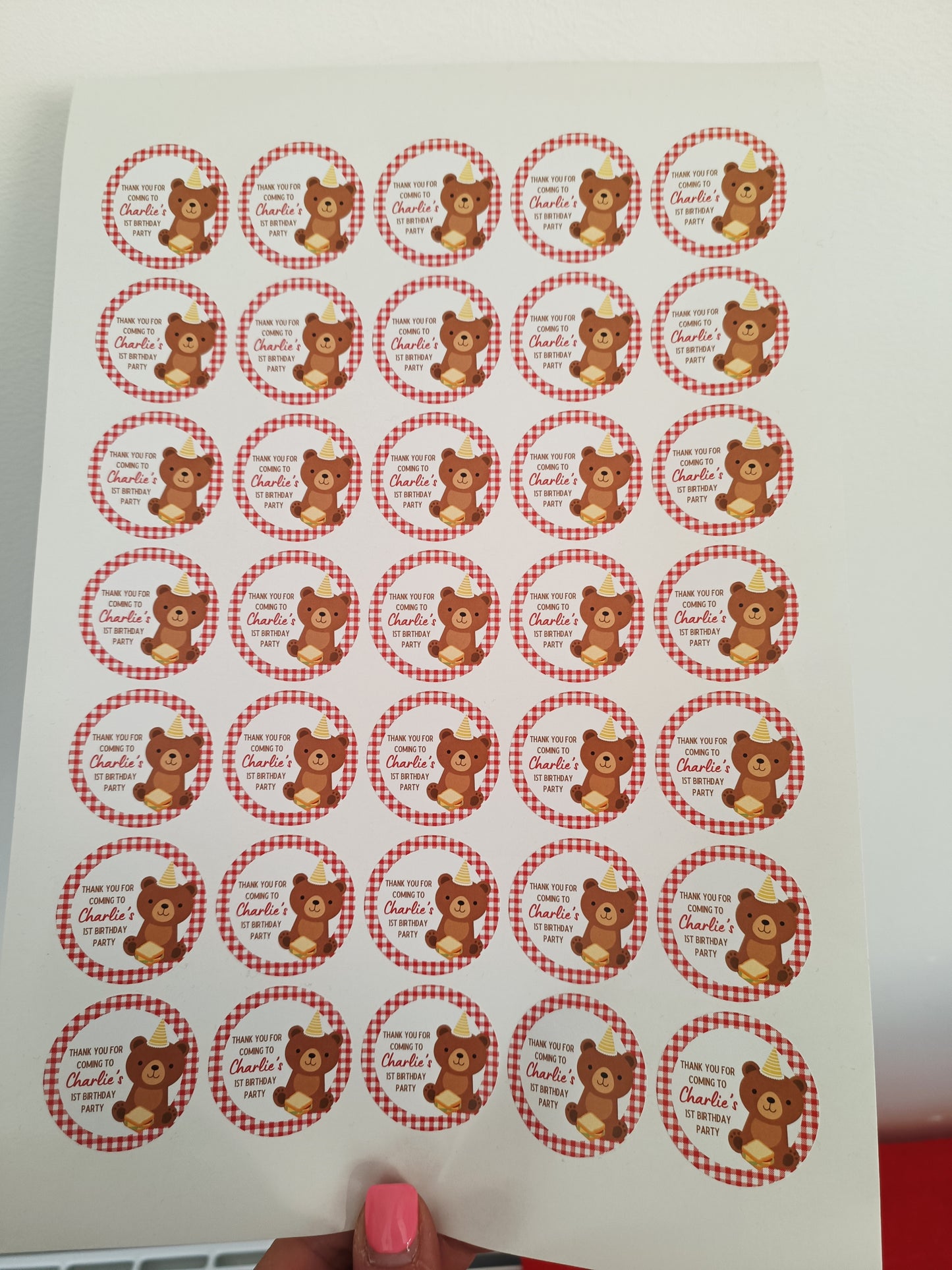 SALE ITEM | 35 x Teddy Bear Picnic Birthday Party Stickers | Thank You For Coming To Charlie's 1st Birthday Party