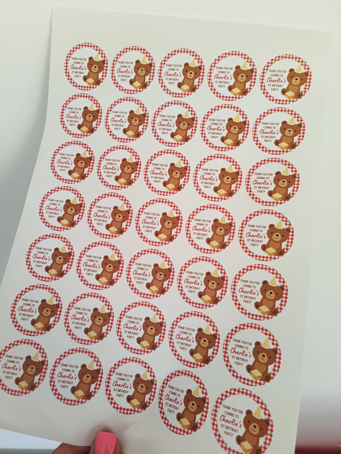 SALE ITEM | 35 x Teddy Bear Picnic Birthday Party Stickers | Thank You For Coming To Charlie's 1st Birthday Party