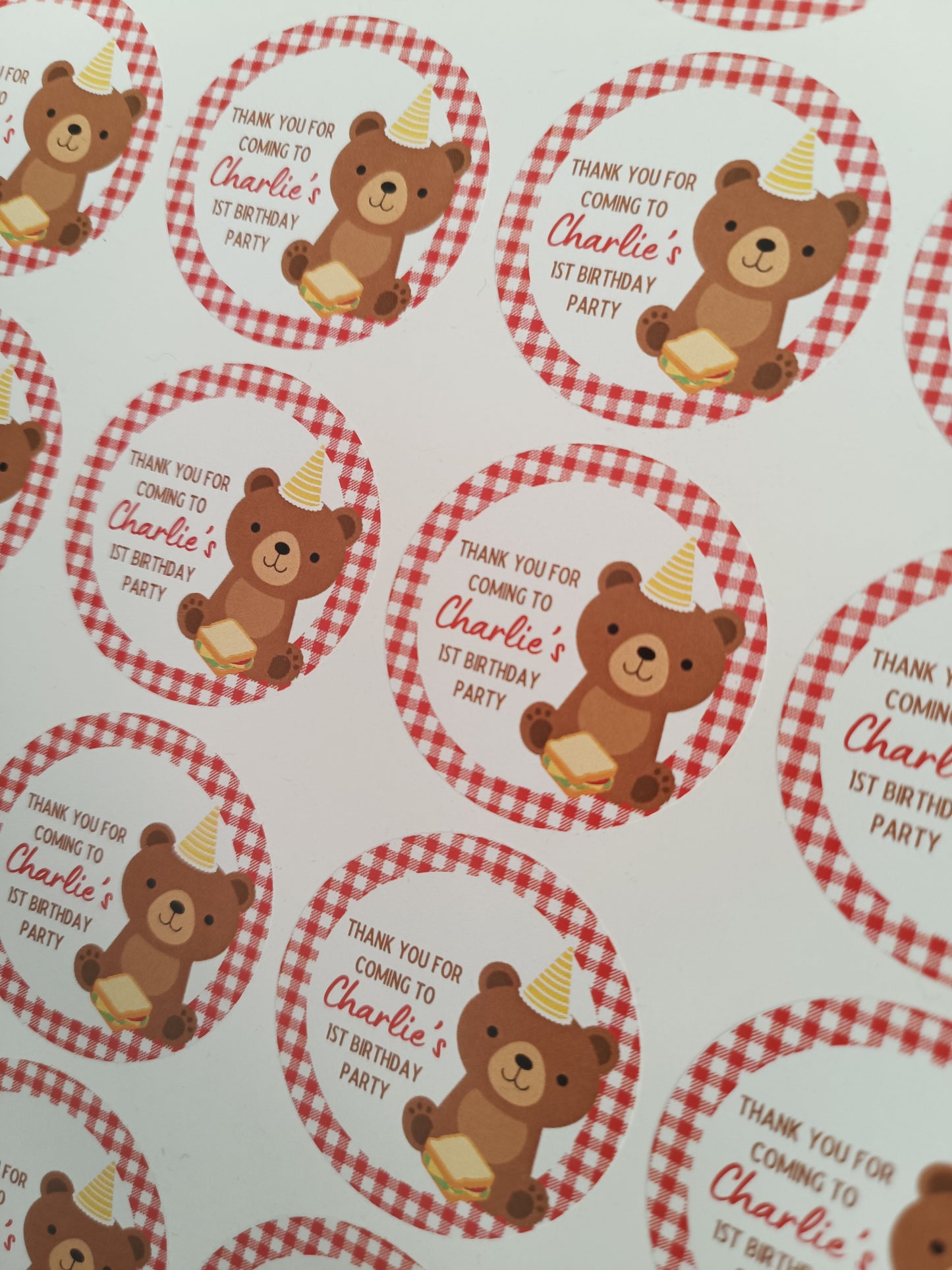 SALE ITEM | 35 x Teddy Bear Picnic Birthday Party Stickers | Thank You For Coming To Charlie's 1st Birthday Party