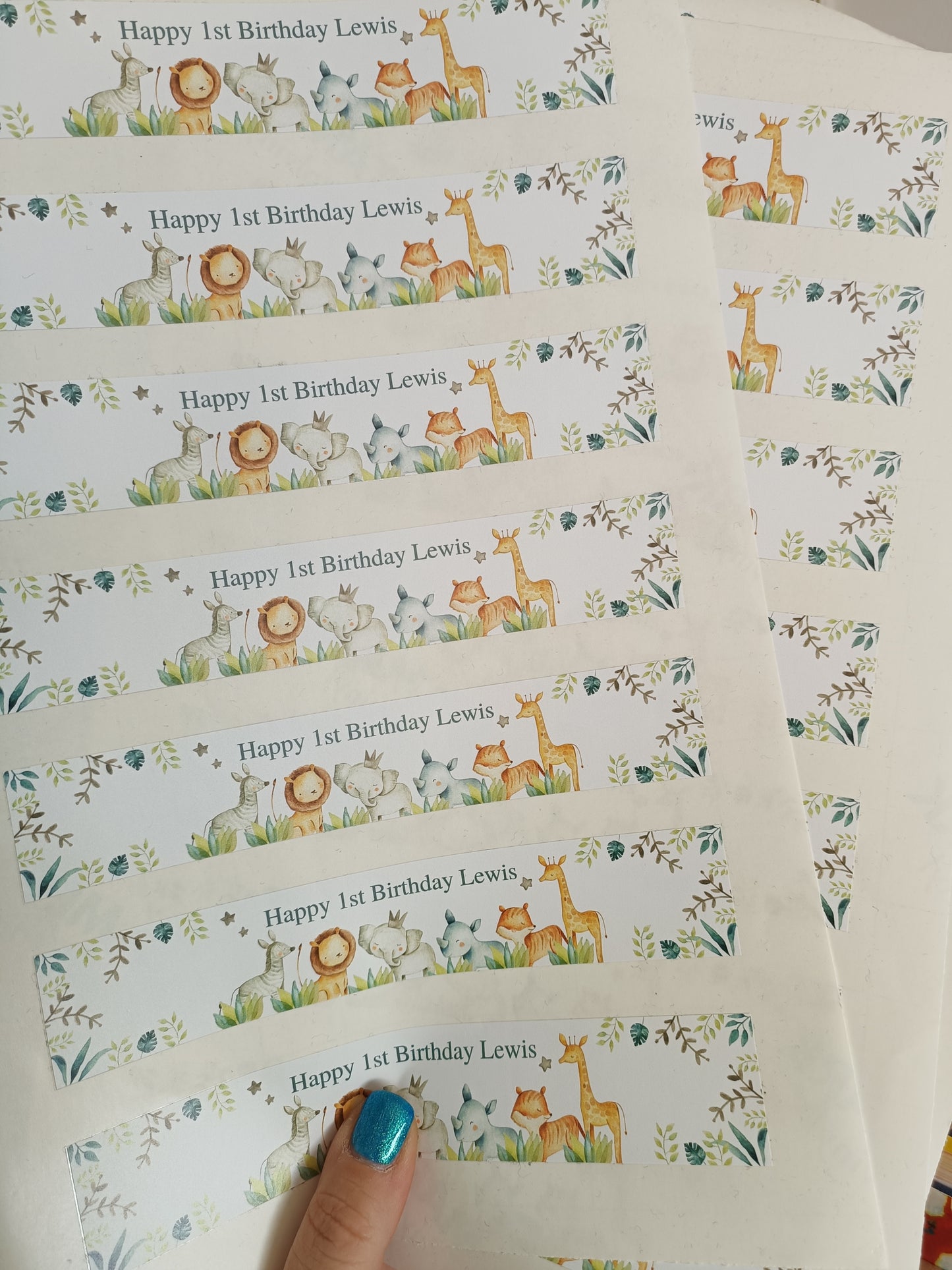 SALE - 21 x Safari Water Bottle Labels Party Stickers | Happy 1st Birthday Lewis