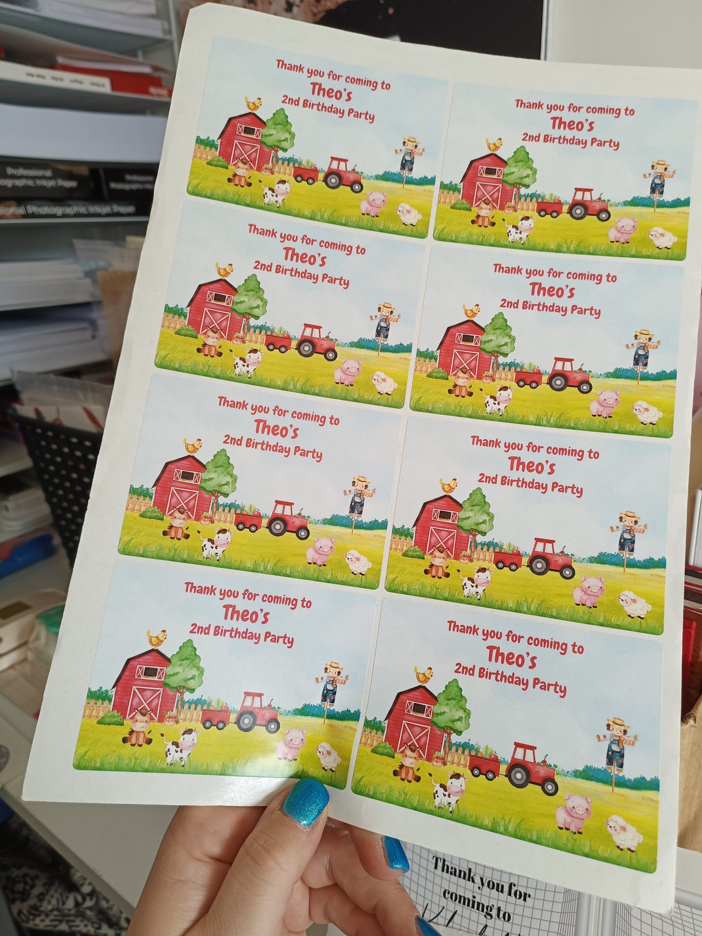 8 x Farm Party Stickers | Thank You For Coming To Theo's 2nd Birthday Party | SALE ITEM