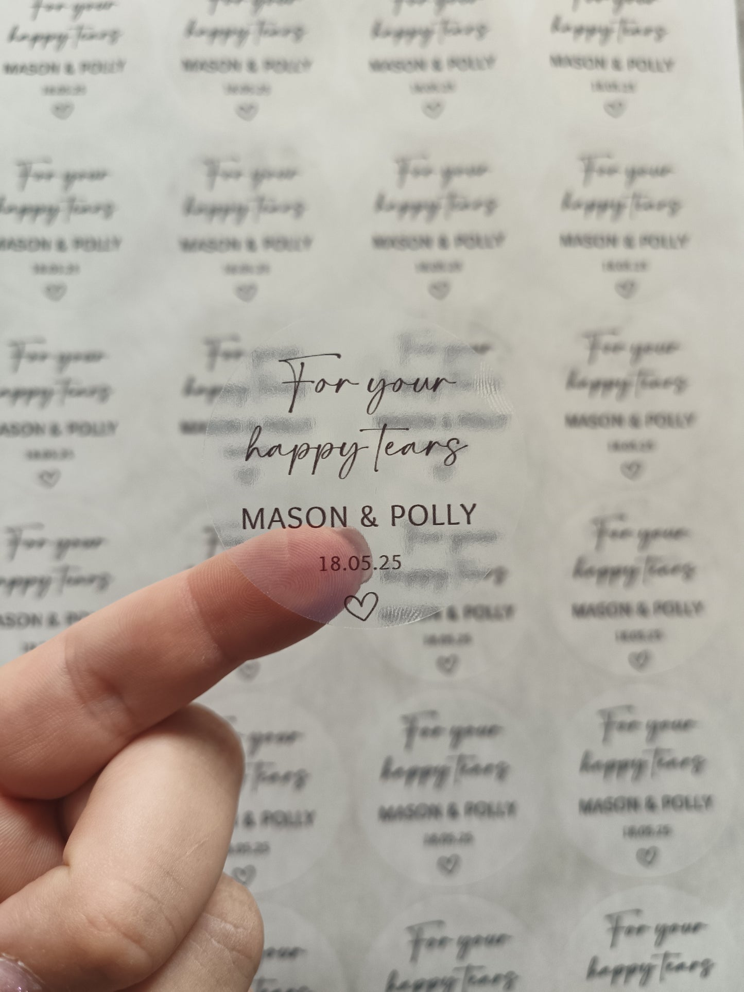 Clear Transparent Wedding Party Stickers | For Your Happy Tears | Personalised Circle Stickers | Sticker Sheet | Party Event Stickers