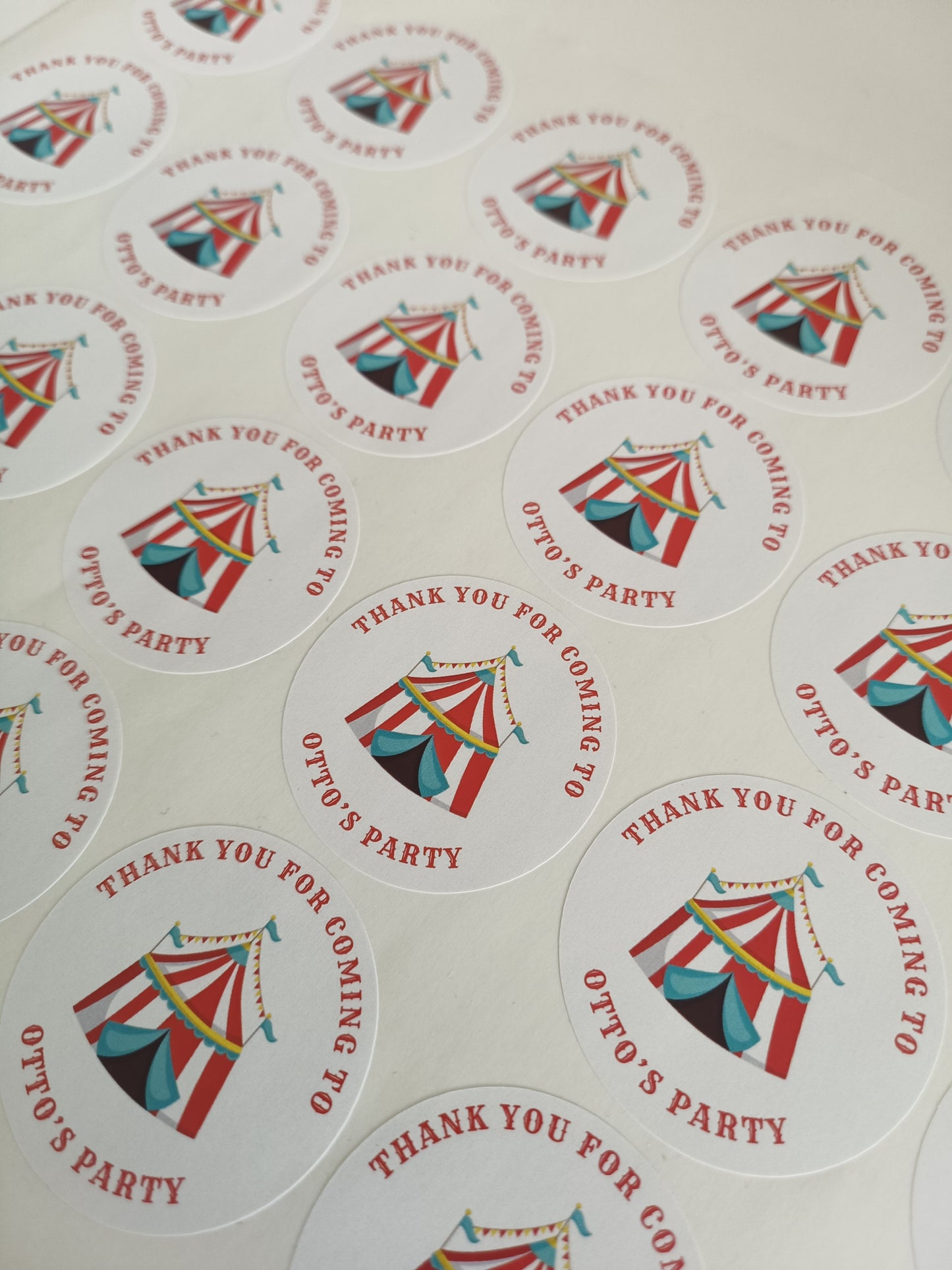 SALE - 1 x 45mm Circus Stickers | Party Bag Stickers | Thank You For Coming To Otto's Party