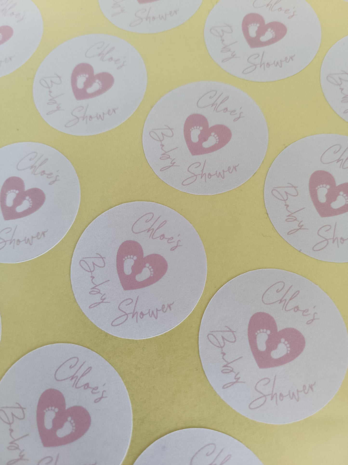 SALE - 35mm White & Pink Baby Shower Stickers | Party Bag Stickers | Chloe's Baby Shower