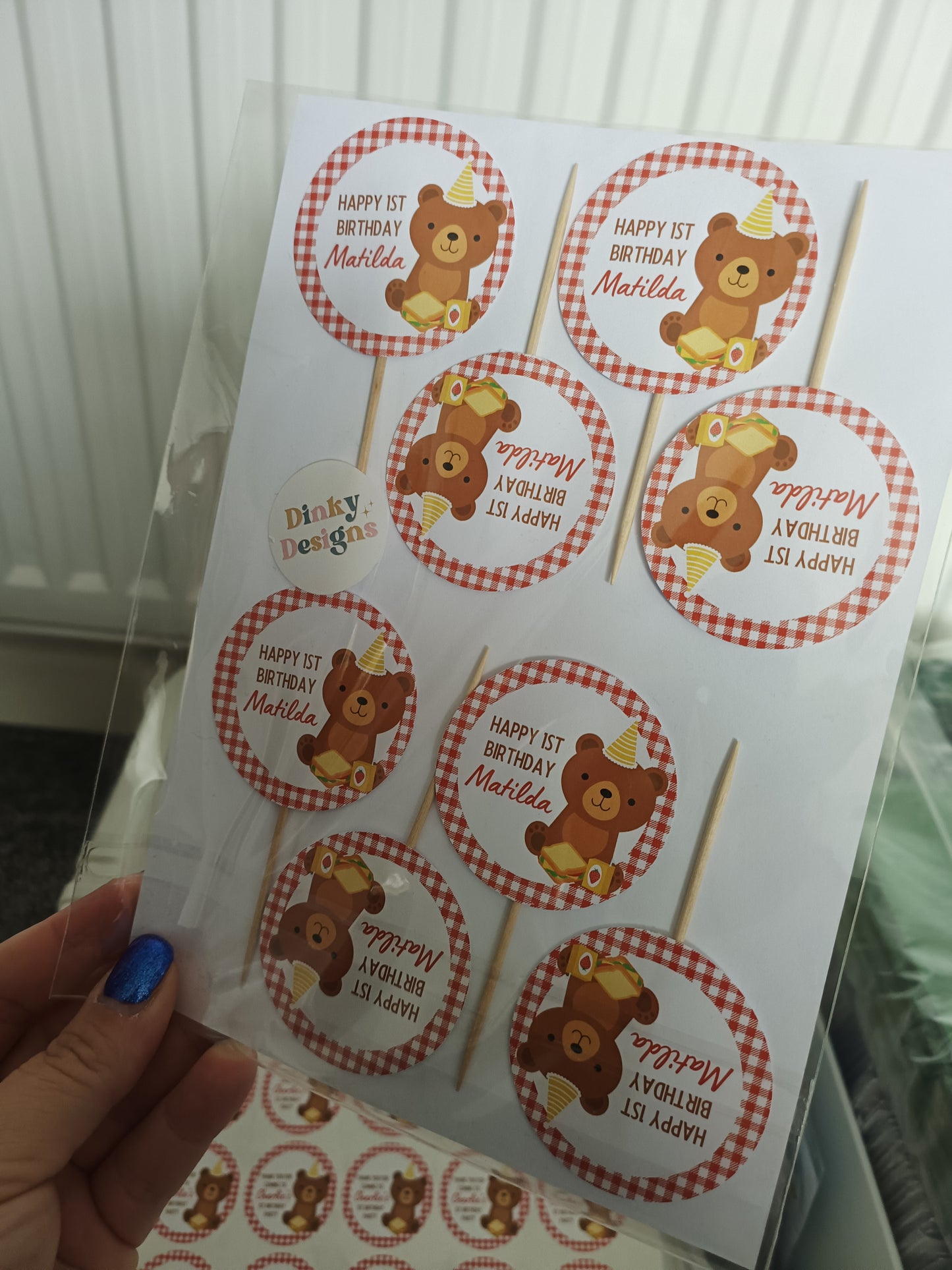 Cupcake Toppers | 15 x Happy 1st Birthday Matilda Cupcake Toppers - Red Teddy Bear Picnic | SALE ITEM