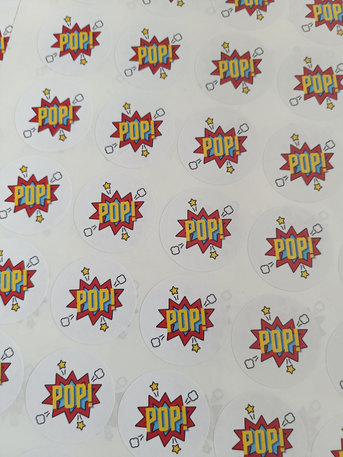 Superhero POP Popcorn Stickers | Various Sizes | Superhero Party Supplies