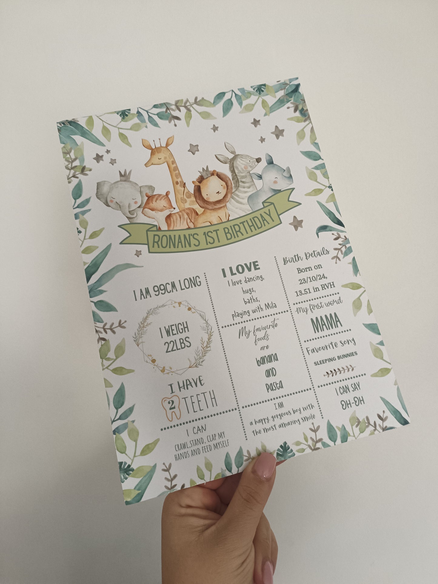 Personalised Green Safari Jungle Welcome Board Sign | Safari Jungle First Birthday Board | Birthday Party Sign | Safari Jungle Party Theme | A4, A3, A2