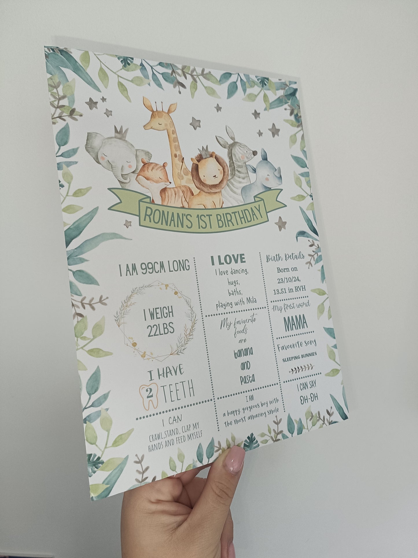Personalised Green Safari Jungle Welcome Board Sign | Safari Jungle First Birthday Board | Birthday Party Sign | Safari Jungle Party Theme | A4, A3, A2