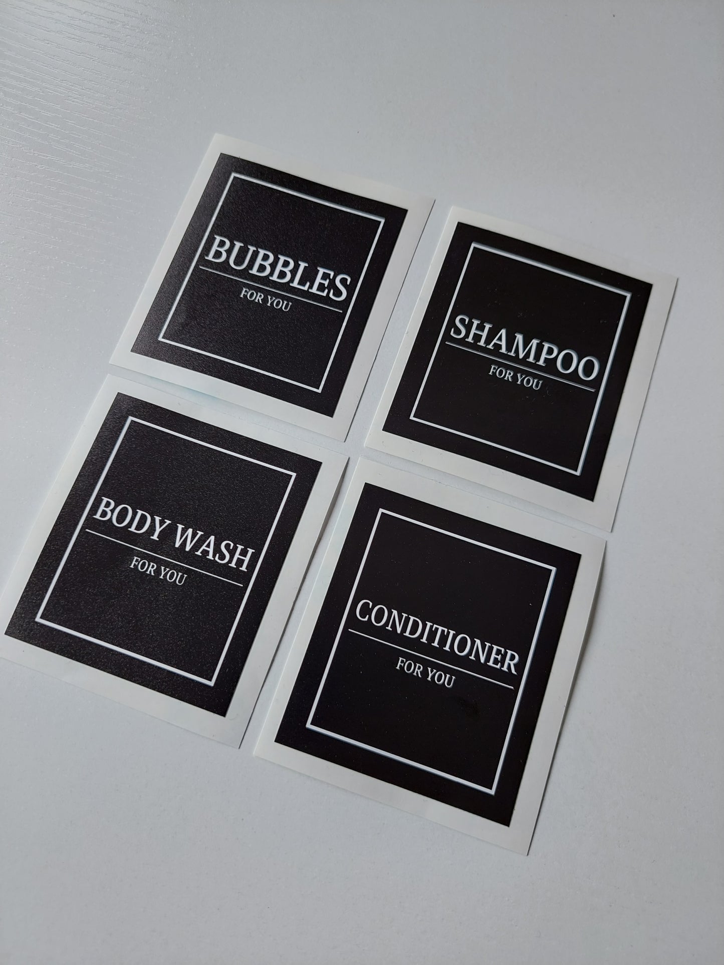 SALE - Black Set of 4 - Bathroom Bottle Waterproof Stickers | Bathroom Labels - Dinky Designs