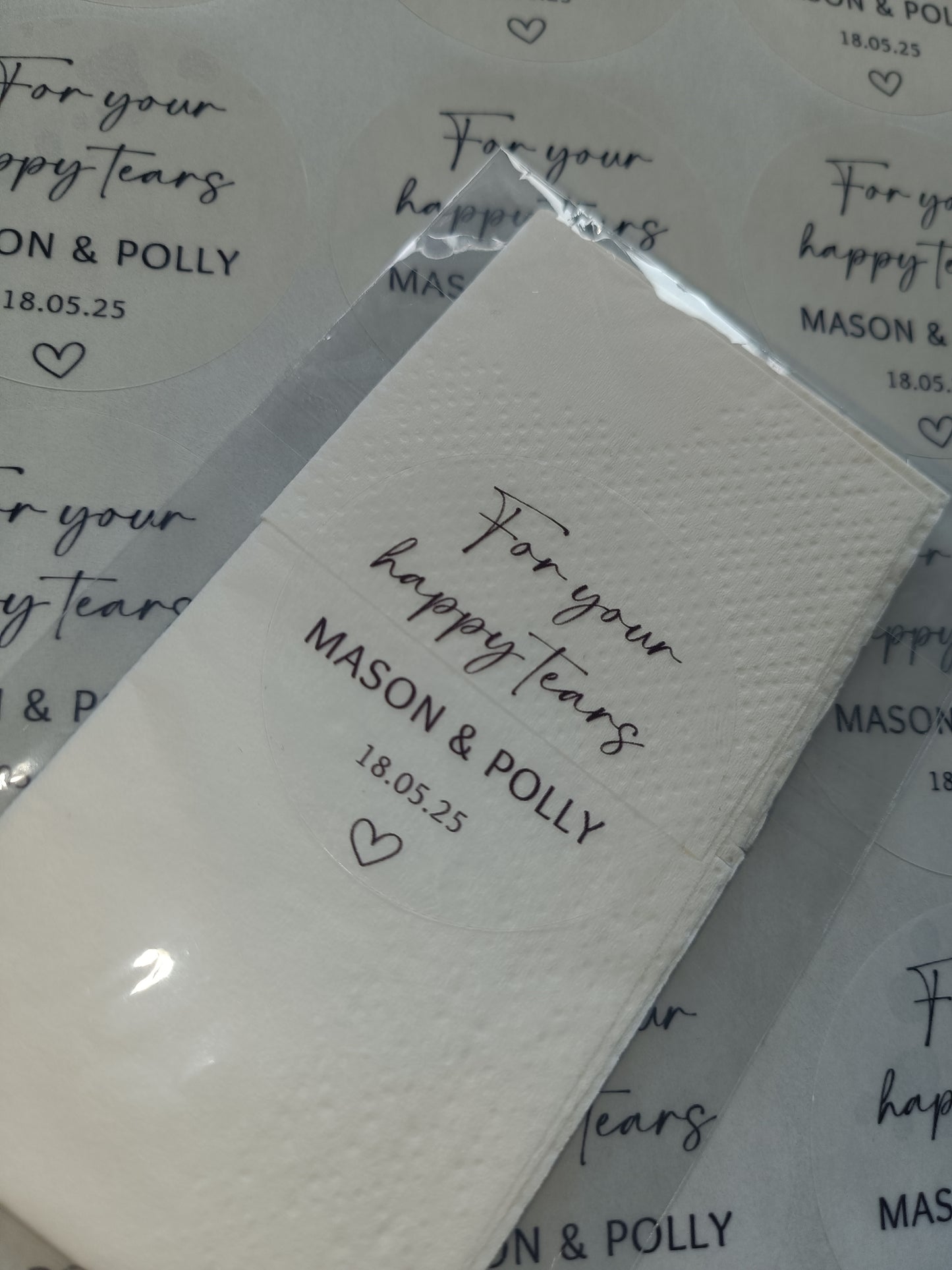 Clear Transparent Wedding Party Stickers | For Your Happy Tears | Personalised Circle Stickers | Sticker Sheet | Party Event Stickers