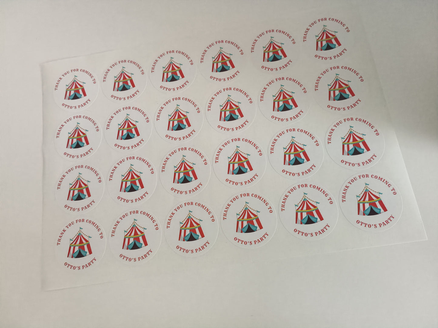 SALE - 1 x 45mm Circus Stickers | Party Bag Stickers | Thank You For Coming To Otto's Party
