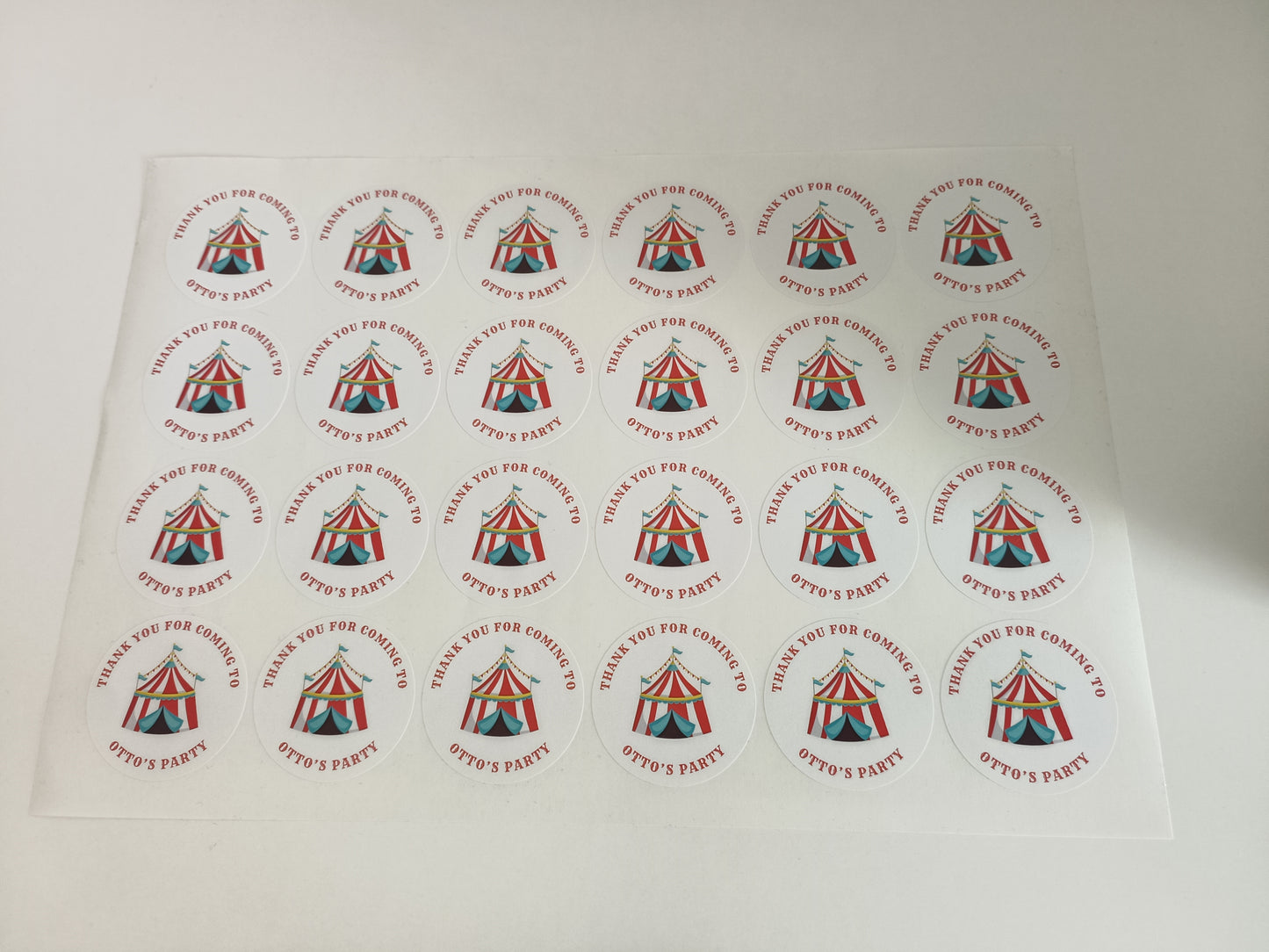 SALE - 1 x 45mm Circus Stickers | Party Bag Stickers | Thank You For Coming To Otto's Party