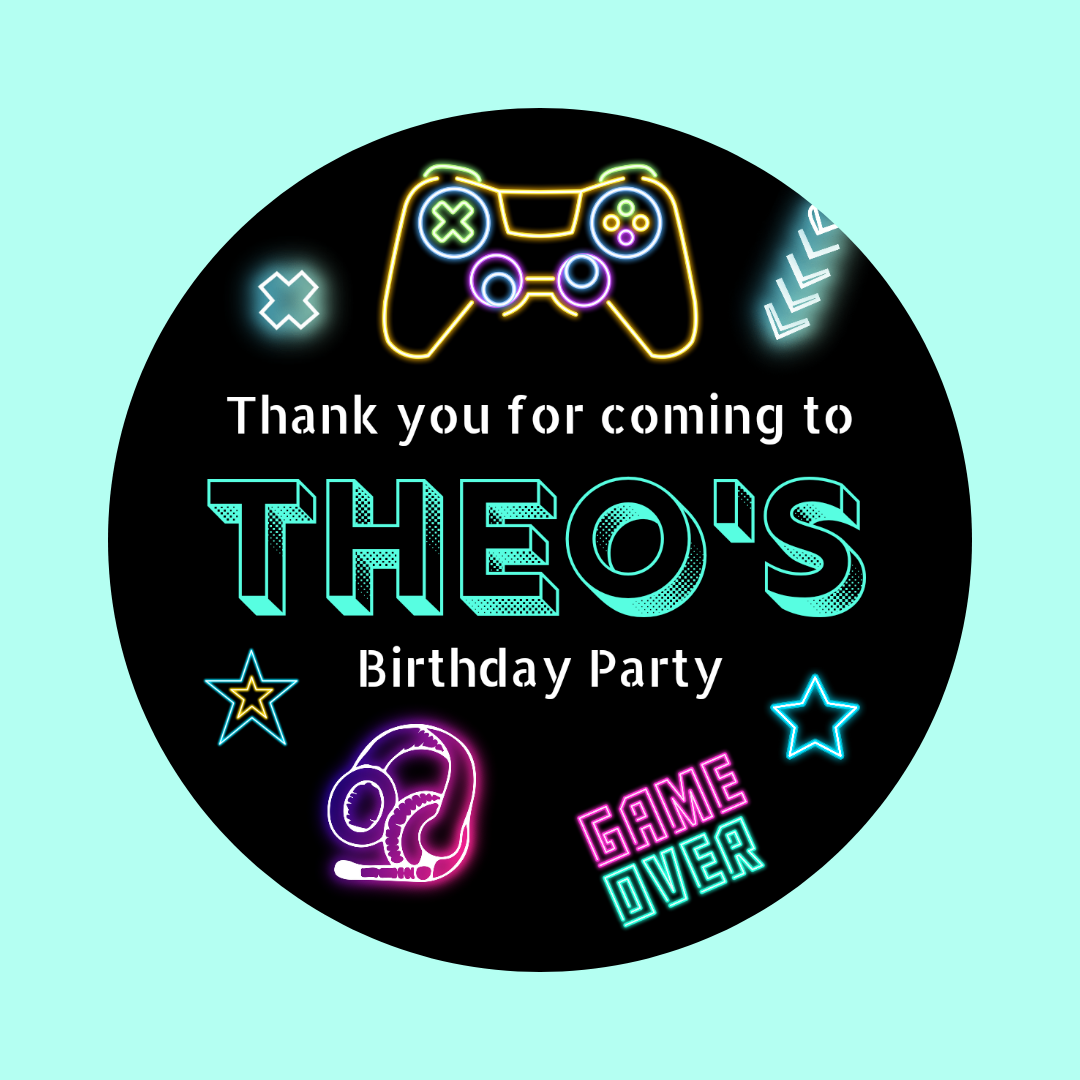Neon Gaming Party Stickers | Circle Stickers | Sticker Sheet | Party Stickers | Gaming Party Theme