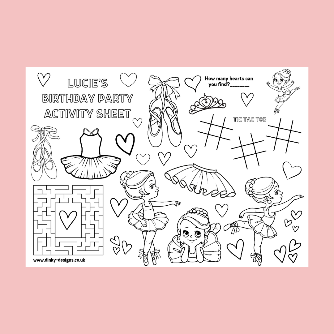 A4 Colouring Activity Sheets | Personalised Ballerina Activity Sheets | Party Bag Favours | Party Placemats - Dinky Designs