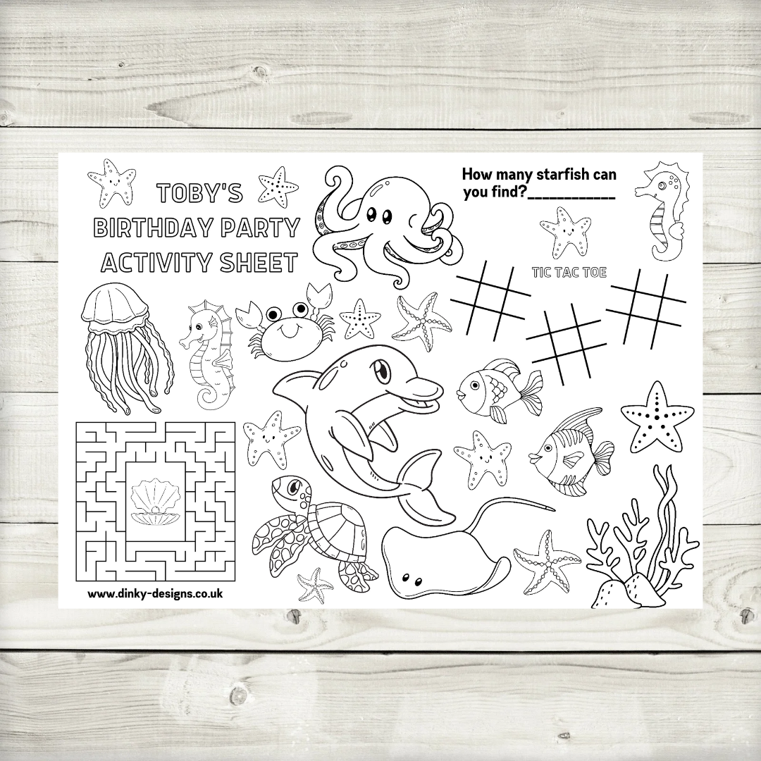 A4 Colouring Activity Sheets | Personalised Under The Sea Activity Sheets | Party Bag Favours | Party Placemats