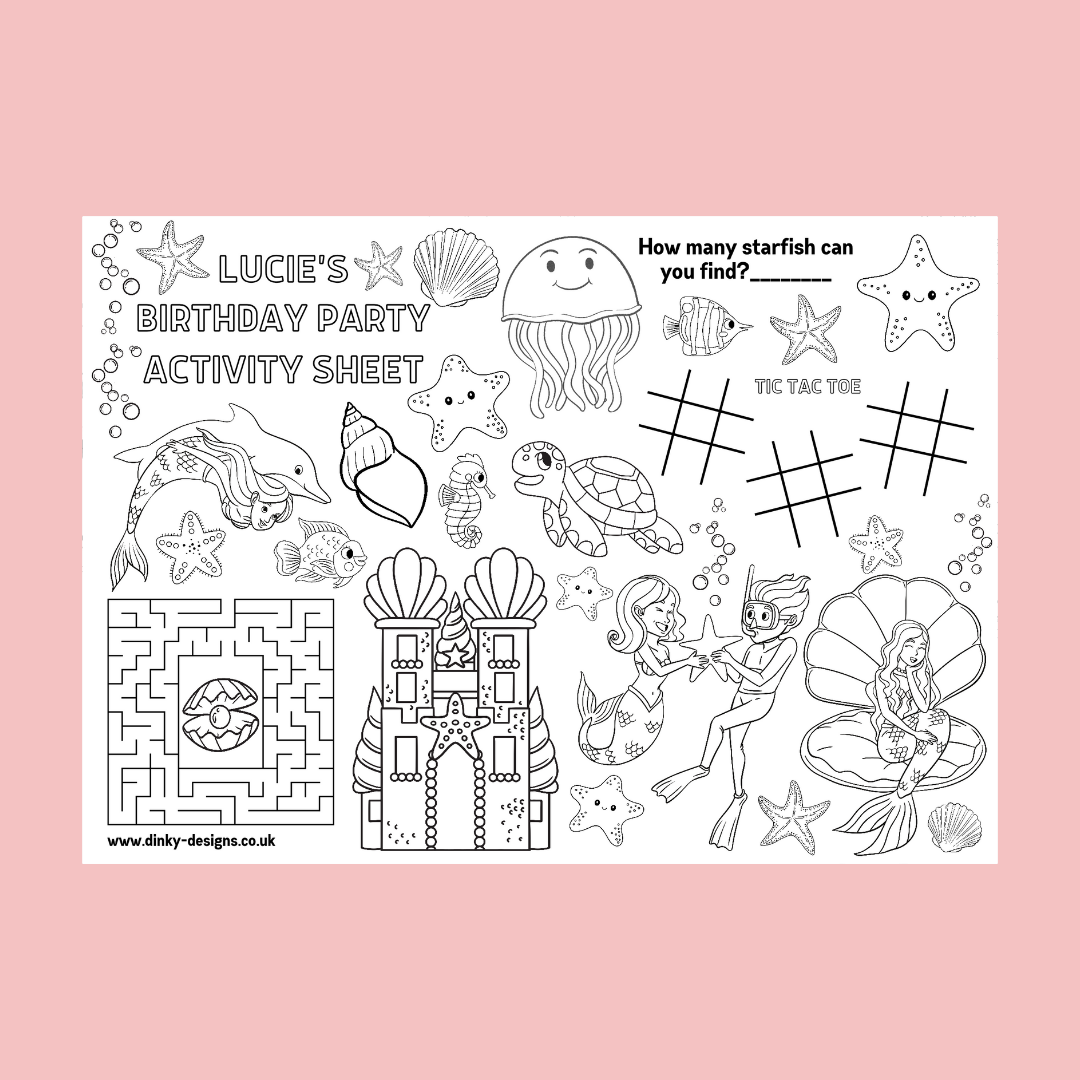 A4 Colouring Activity Sheets | Personalised Mermaid Activity Sheets | Party Bag Favours | Party Placemats