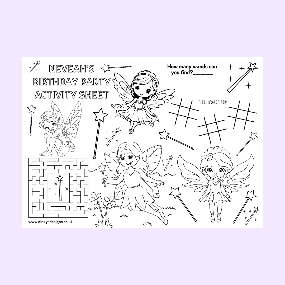 A4 Colouring Activity Sheets | Personalised Fairy Activity Sheets | Party Bag Favours | Party Placemats