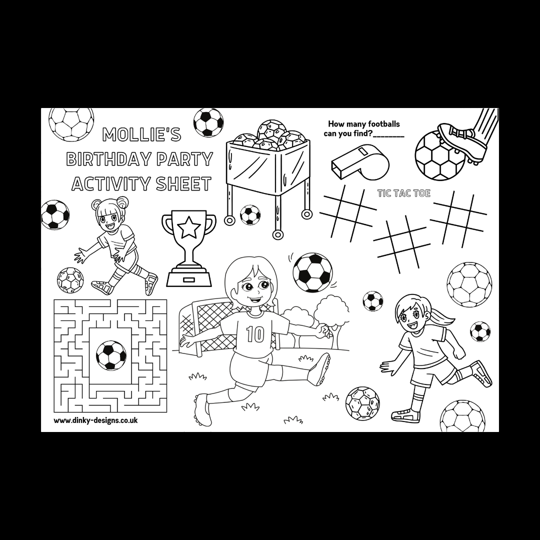 A4 Colouring Activity Sheets | Personalised Girls Football Activity Sheets | Party Bag Favours | Party Placemats